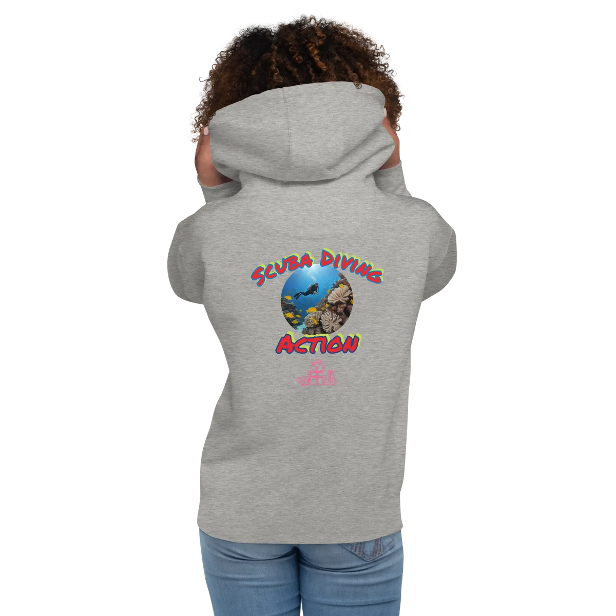 Unisex scuba hoodie, light gray heather, front view with colorful back print via hood