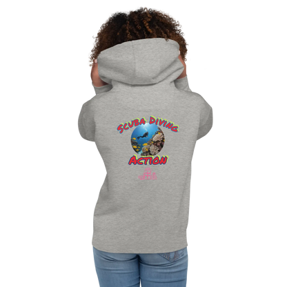 Unisex scuba hoodie, light gray heather, front view with colorful back print via hood