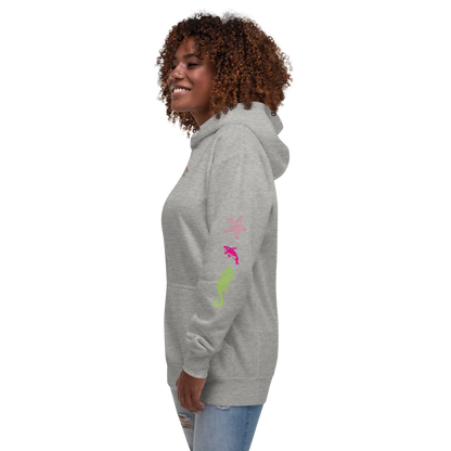 Unisex scuba hoodie, light gray heather, side view with colorful sleeve graphic