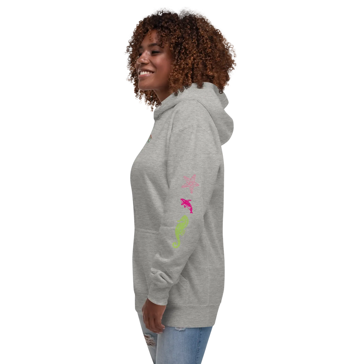 Unisex scuba hoodie, light gray heather, side view with colorful sleeve graphic