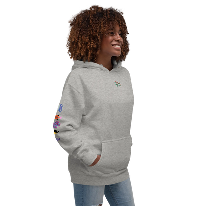 Unisex scuba hoodie, light gray heather, front hooded pocket and chest logo