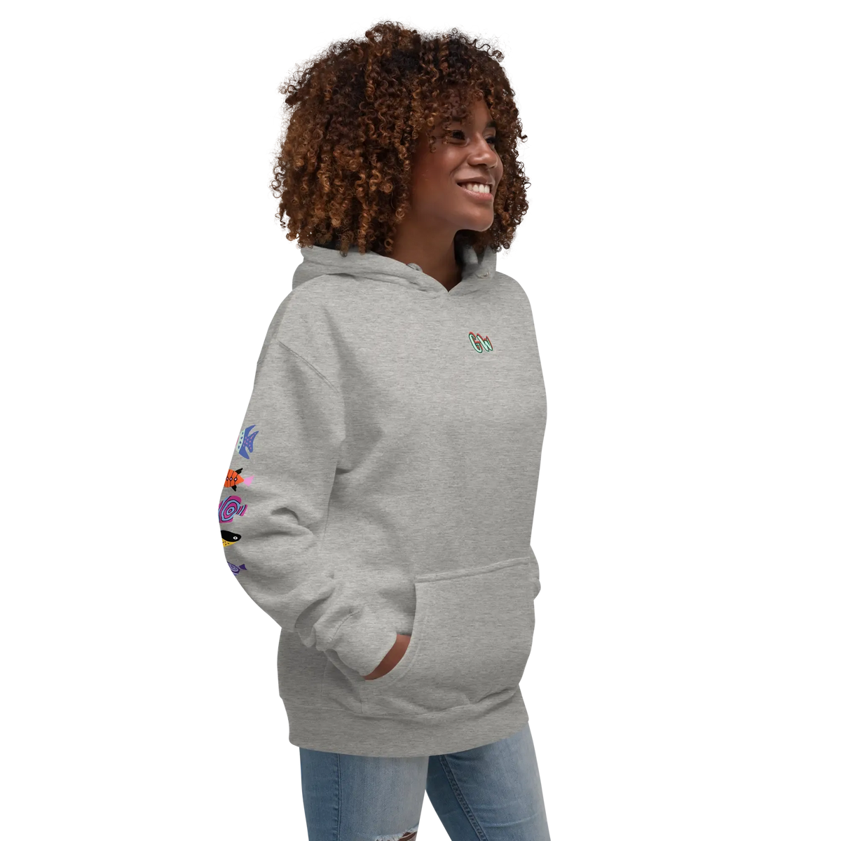 Unisex scuba hoodie, light gray heather, front hooded pocket and chest logo