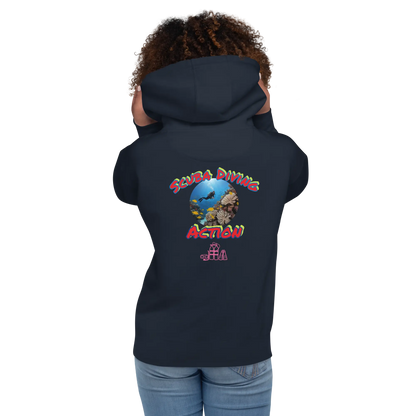 Navy unisex scuba hoodie, back view with colorful “Suba Diving Action” graphic