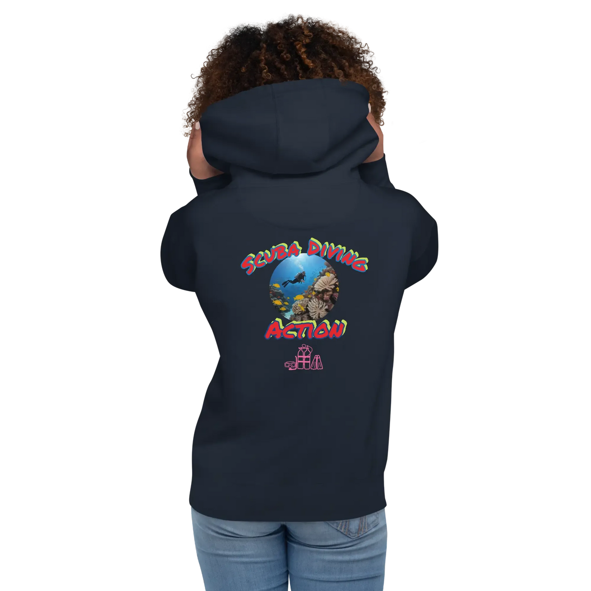 Navy unisex scuba hoodie, back view with colorful “Suba Diving Action” graphic