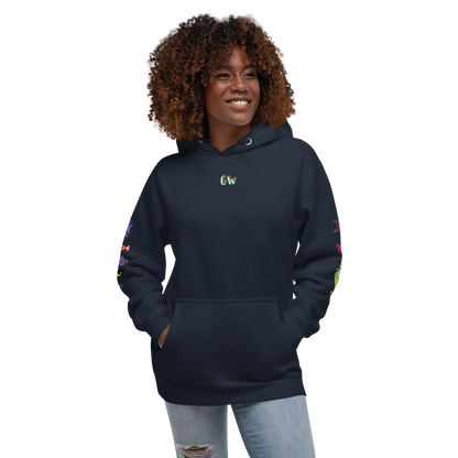 Navy unisex scuba hoodie with drawstring hood, front pocket, and small chest logo