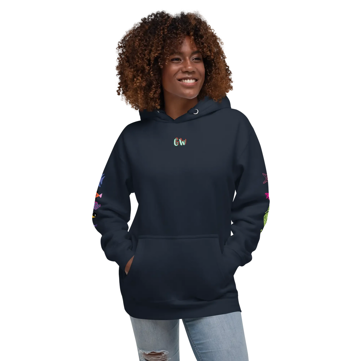 Navy unisex scuba hoodie with drawstring hood, front pocket, and small chest logo