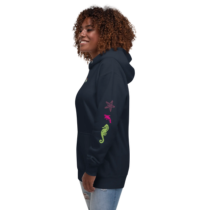 Navy unisex scuba hoodie with sea-life graphic on the sleeve and hooded neckline
