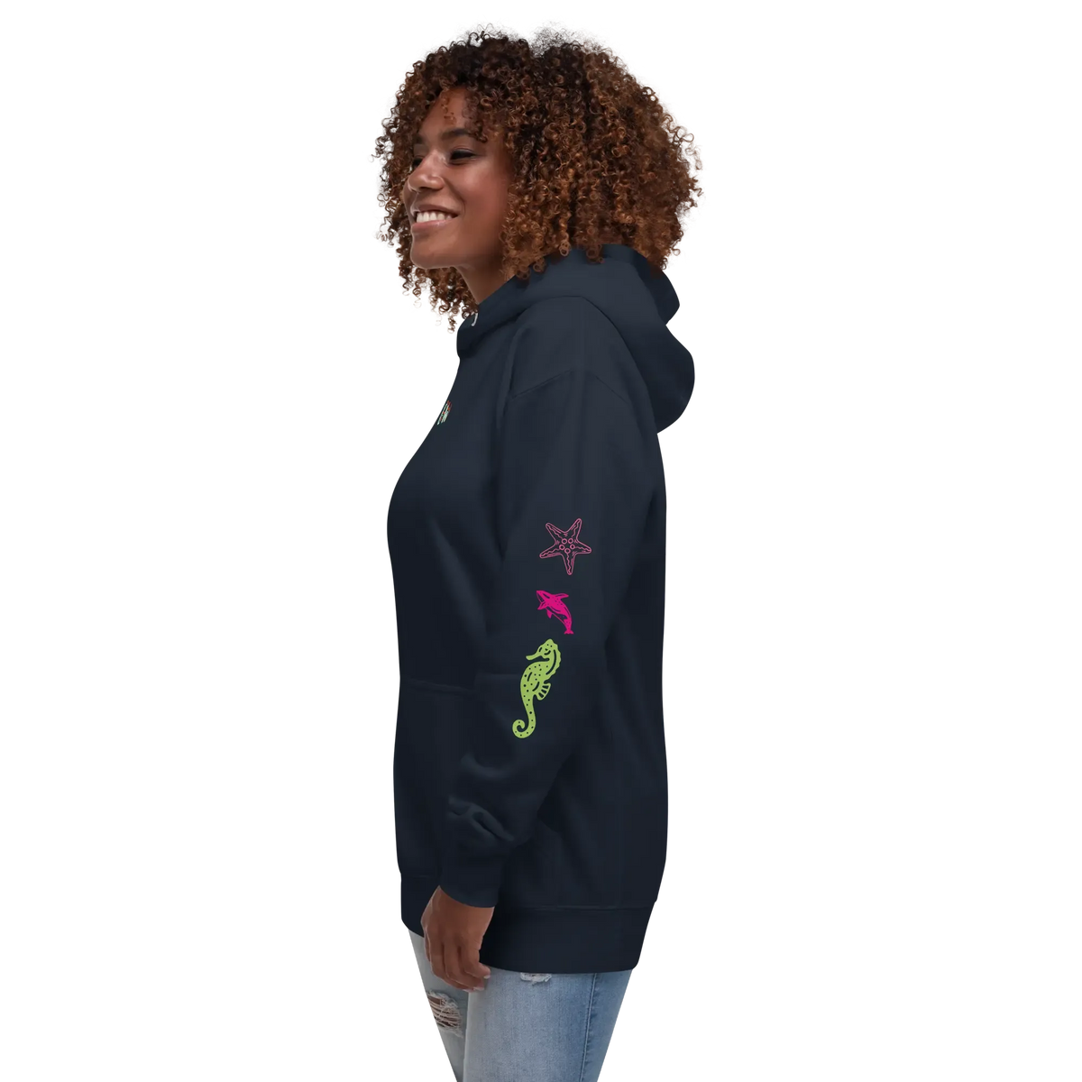 Navy unisex scuba hoodie with sea-life graphic on the sleeve and hooded neckline