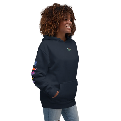 Navy unisex scuba hoodie with colorful sleeve icons and small chest logo