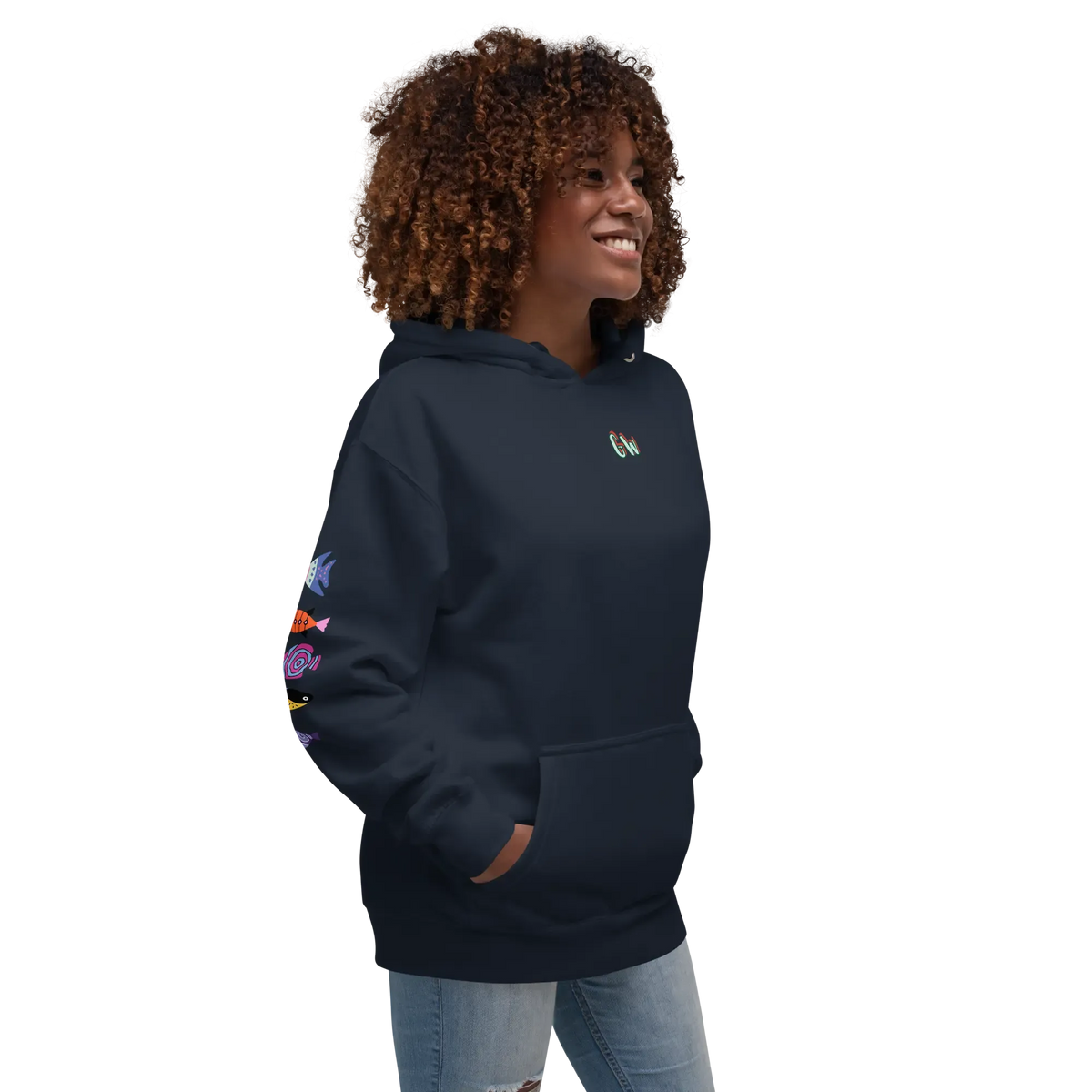Navy unisex scuba hoodie with colorful sleeve icons and small chest logo