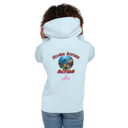 Unisex scuba hoodie, sky blue, back view with “Scuba Diving Action” graphic