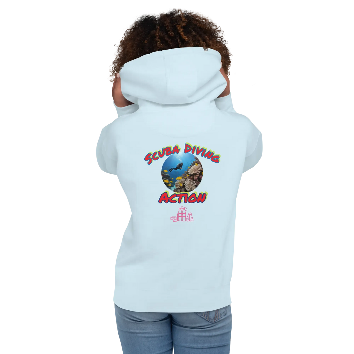 Unisex scuba hoodie, sky blue, back view with “Scuba Diving Action” graphic