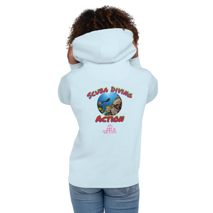 Unisex scuba hoodie, sky blue, back view with “Scuba Diving Action” graphic