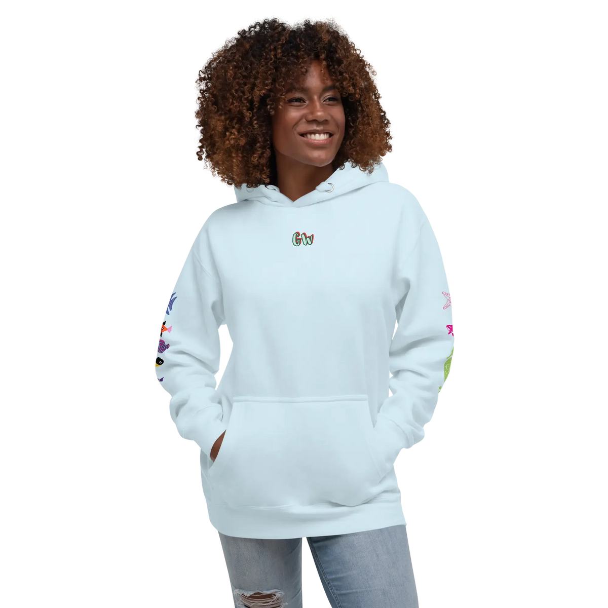 Unisex scuba hoodie, sky blue, front view with small chest logo