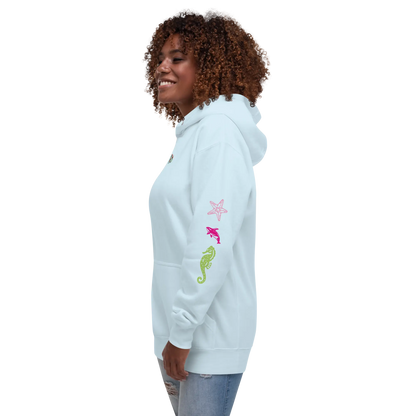 Sky Blue unisex scuba hoodie with colorful sea-life sleeve prints and hood