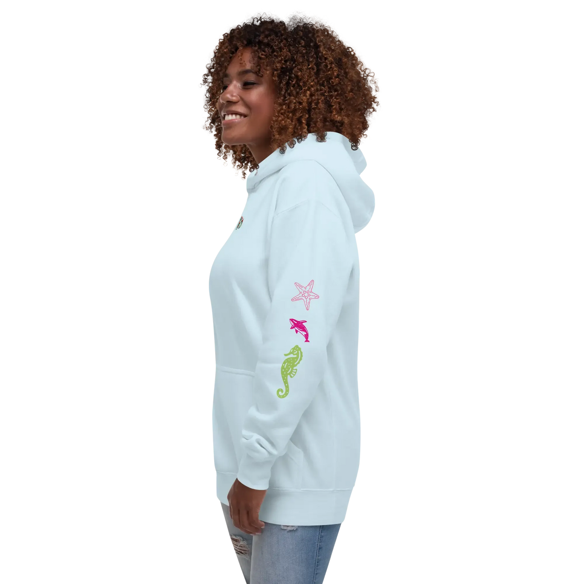 Sky Blue unisex scuba hoodie with colorful sea-life sleeve prints and hood