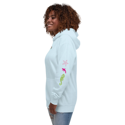 Sky Blue unisex scuba hoodie with colorful sea-life sleeve prints and hood