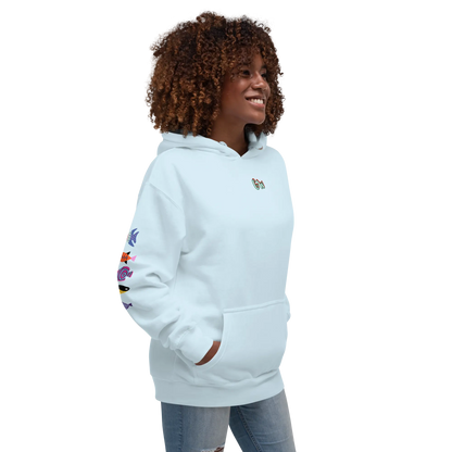 Unisex scuba hoodie, sky blue, side view with colorful sleeve graphic and pocket