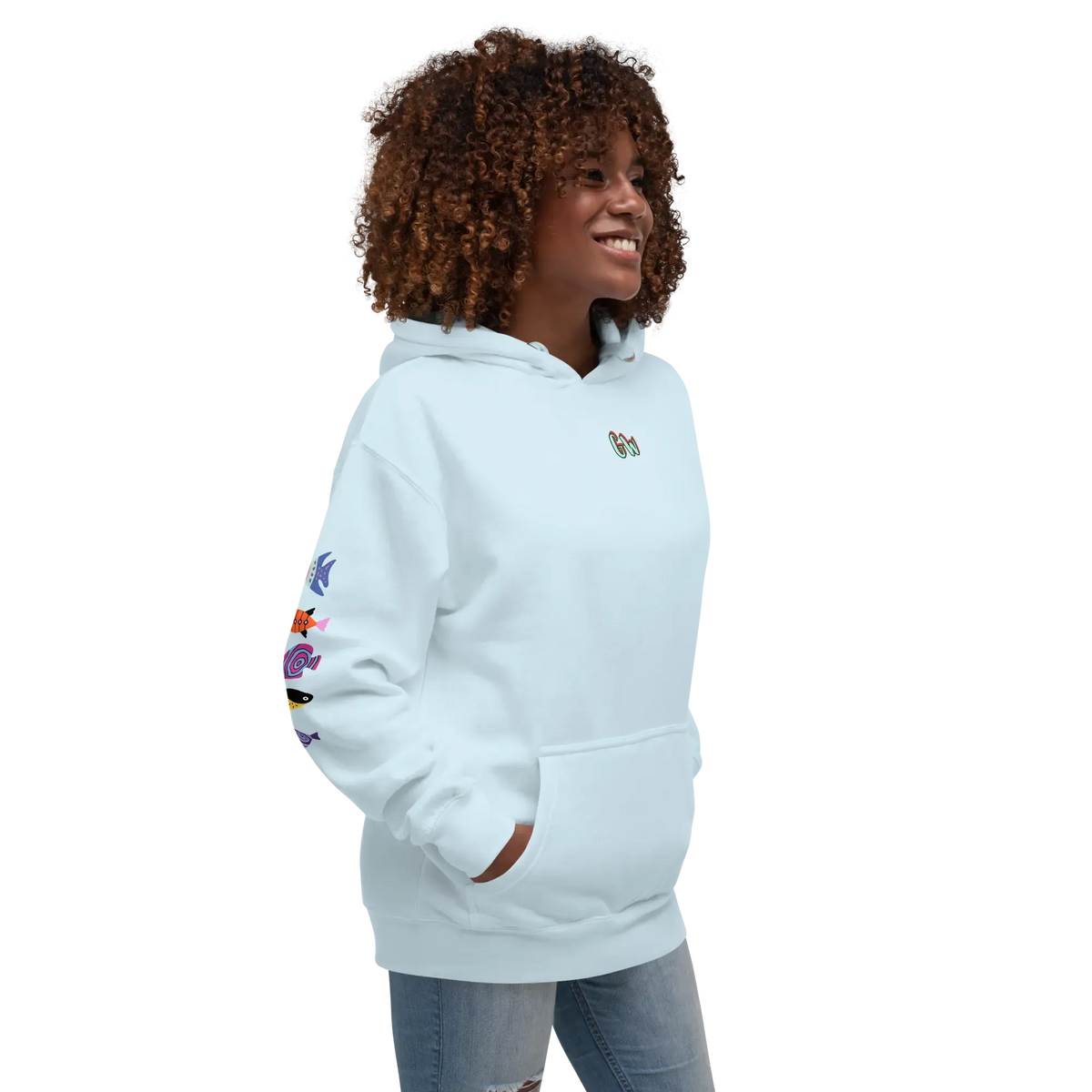 Unisex scuba hoodie, sky blue, side view with colorful sleeve graphic and pocket