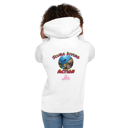 Unisex scuba hoodie, white, back view with “Scuba Diving Action” graphic