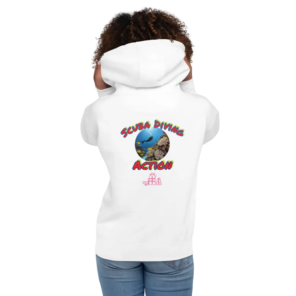 Unisex scuba hoodie, white, back view with “Scuba Diving Action” graphic