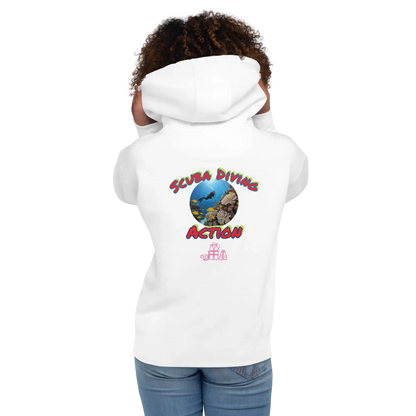 Unisex scuba hoodie, white, back view with “Scuba Diving Action” graphic