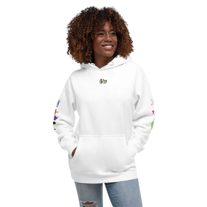 Unisex scuba hoodie, white, front view with small chest logo