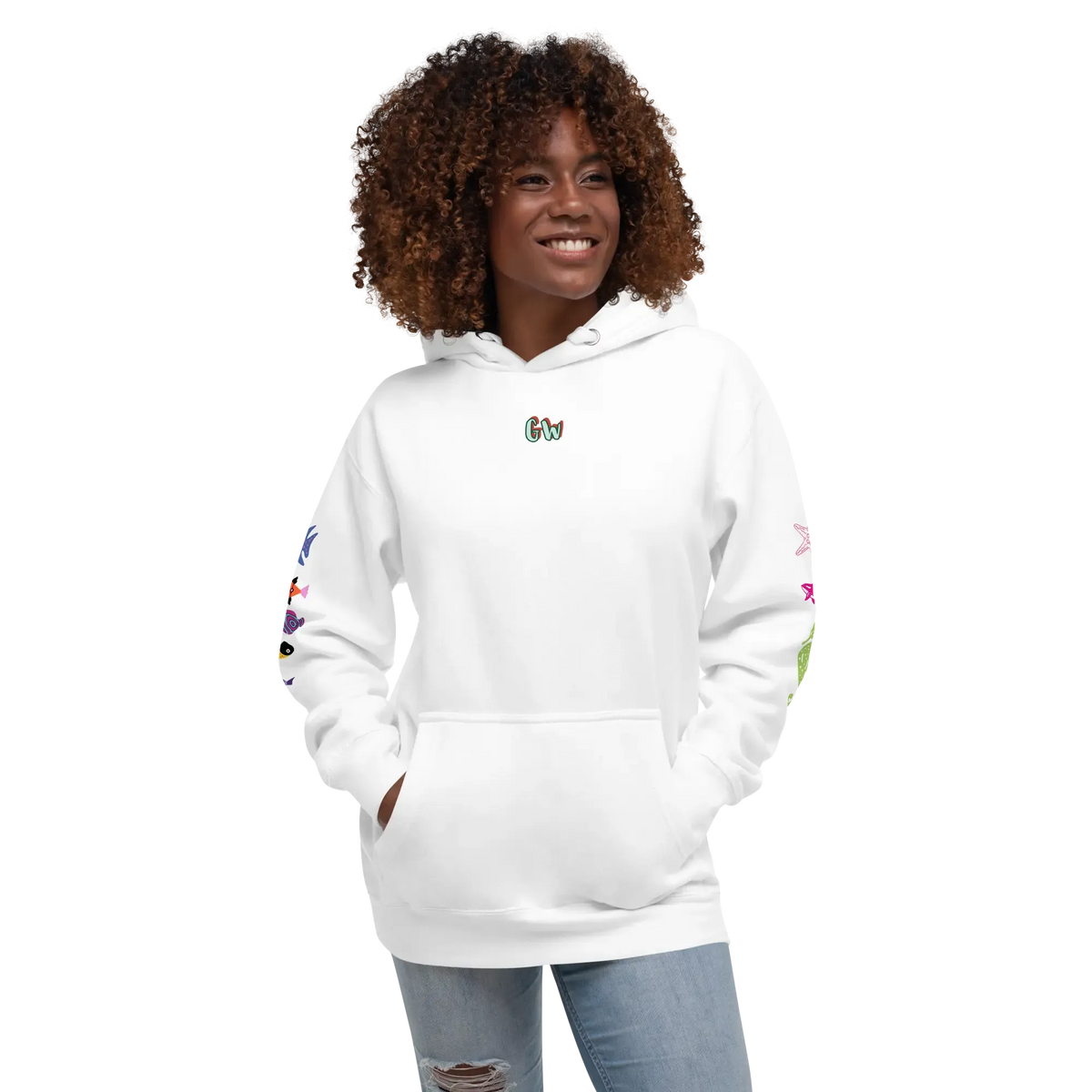 Unisex scuba hoodie, white, front view with small chest logo
