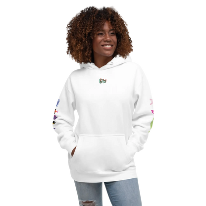 Unisex scuba hoodie, white, front view with small chest logo