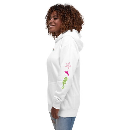 Unisex scuba hoodie, white, side view with colorful underwater starfish sleeve print