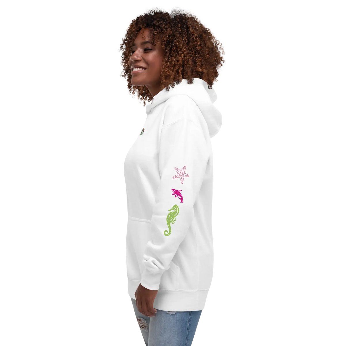 Unisex scuba hoodie, white, side view with colorful underwater starfish sleeve print