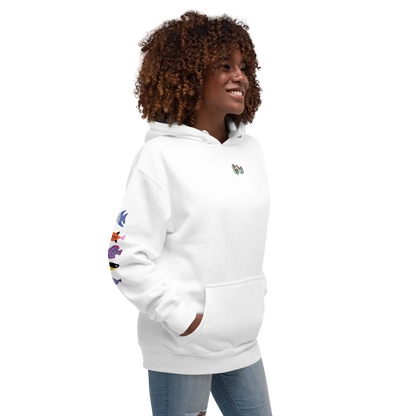 Unisex scuba hoodie, white, side view with colorful sleeve graphic and hood pocket