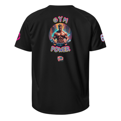 Unisex sports jersey black, front “GYM POWER” graphic with boxer body