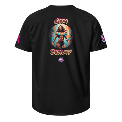 Black unisex sports jersey back with “Gym Beauty” graphic and lips