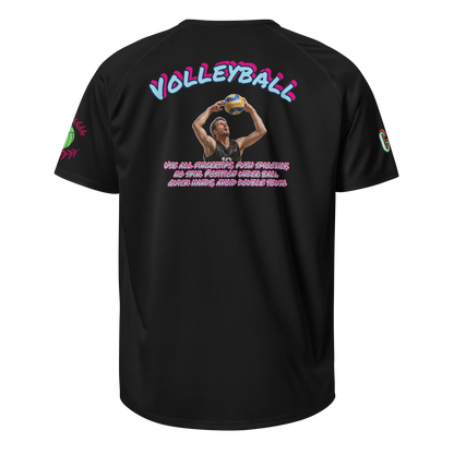 Black unisex sports jersey with colorful VolleyBall logo on back
