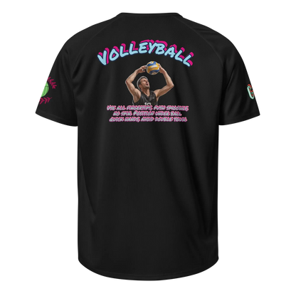 Black unisex sports jersey with colorful VolleyBall logo on back