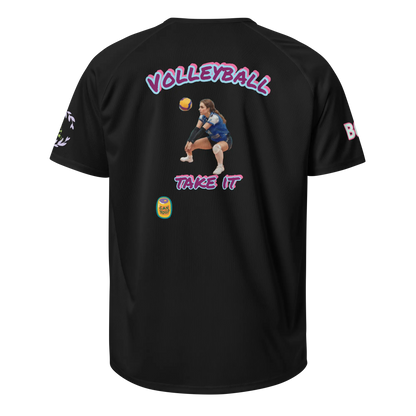 Black unisex sports jersey, back graphic with text and volleyball player