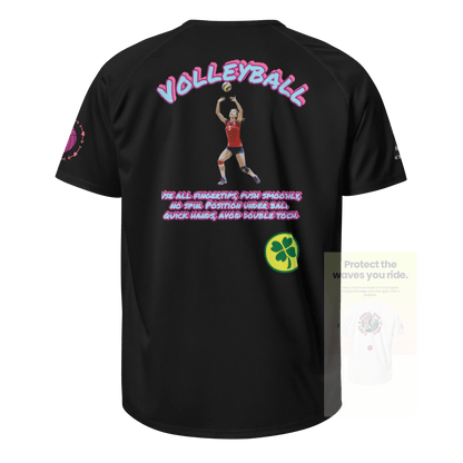 Black unisex sports jersey, back graphic featuring player art and green clover