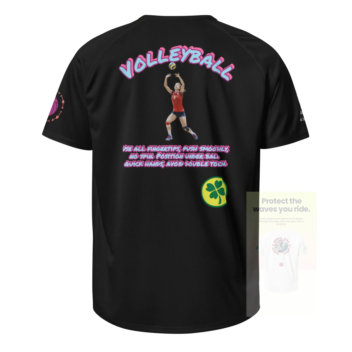 Black unisex sports jersey, back graphic featuring player art and green clover