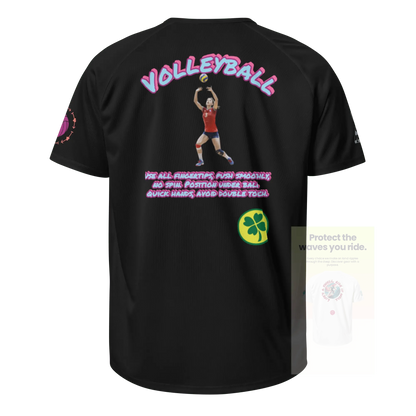 Black unisex sports jersey, back graphic featuring player art and green clover