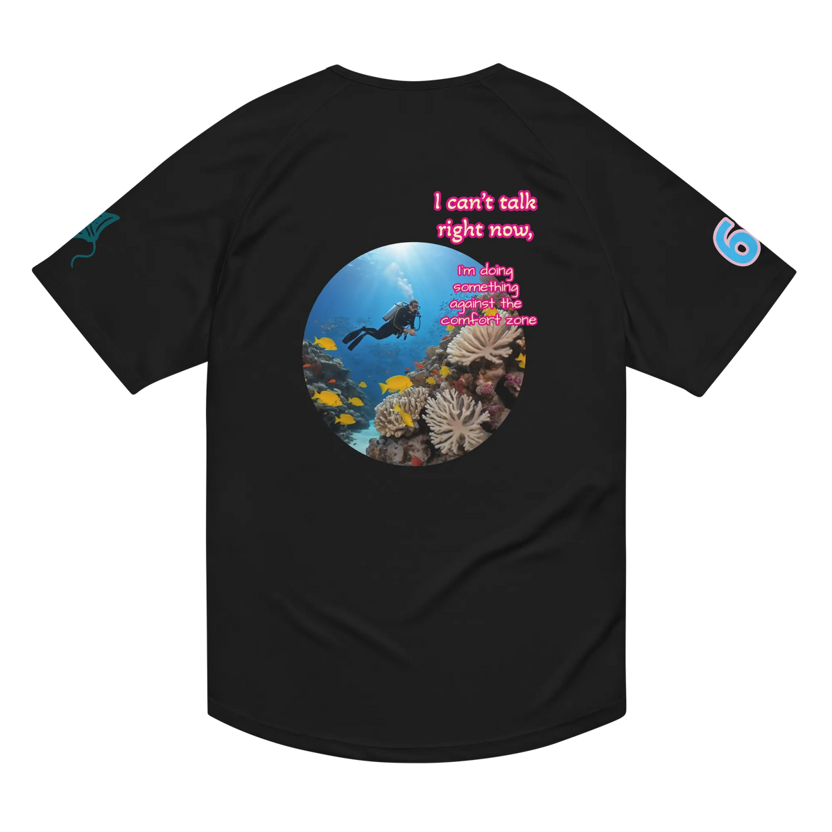 Unisex sports jersey schwarz mit rundem Meer-Motiv und rosa Schriftprint