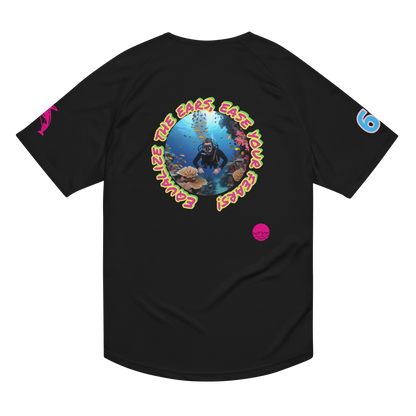 Unisex sports jersey, black, circular diver graphic on back with small chest logo