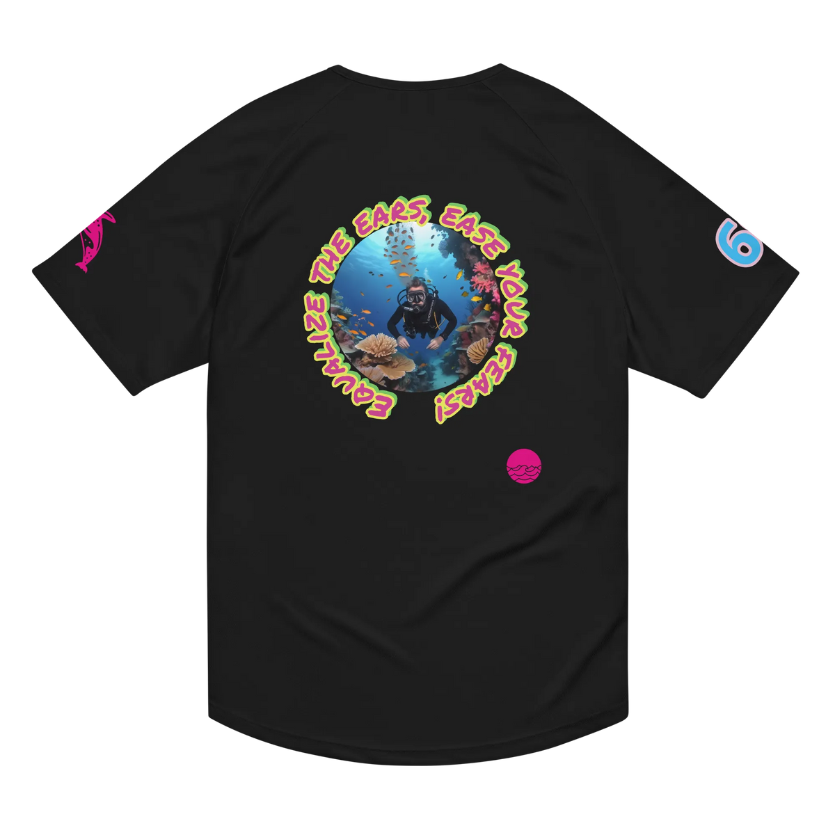 Unisex sports jersey, black, circular diver graphic on back with small chest logo
