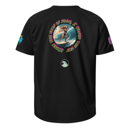 Black unisex sports jersey, back circular surf logo and chest icon