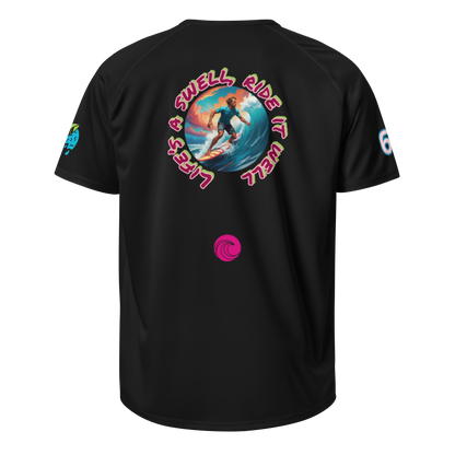 Black sports jersey back view with large circular surf graphic and small pink emblem