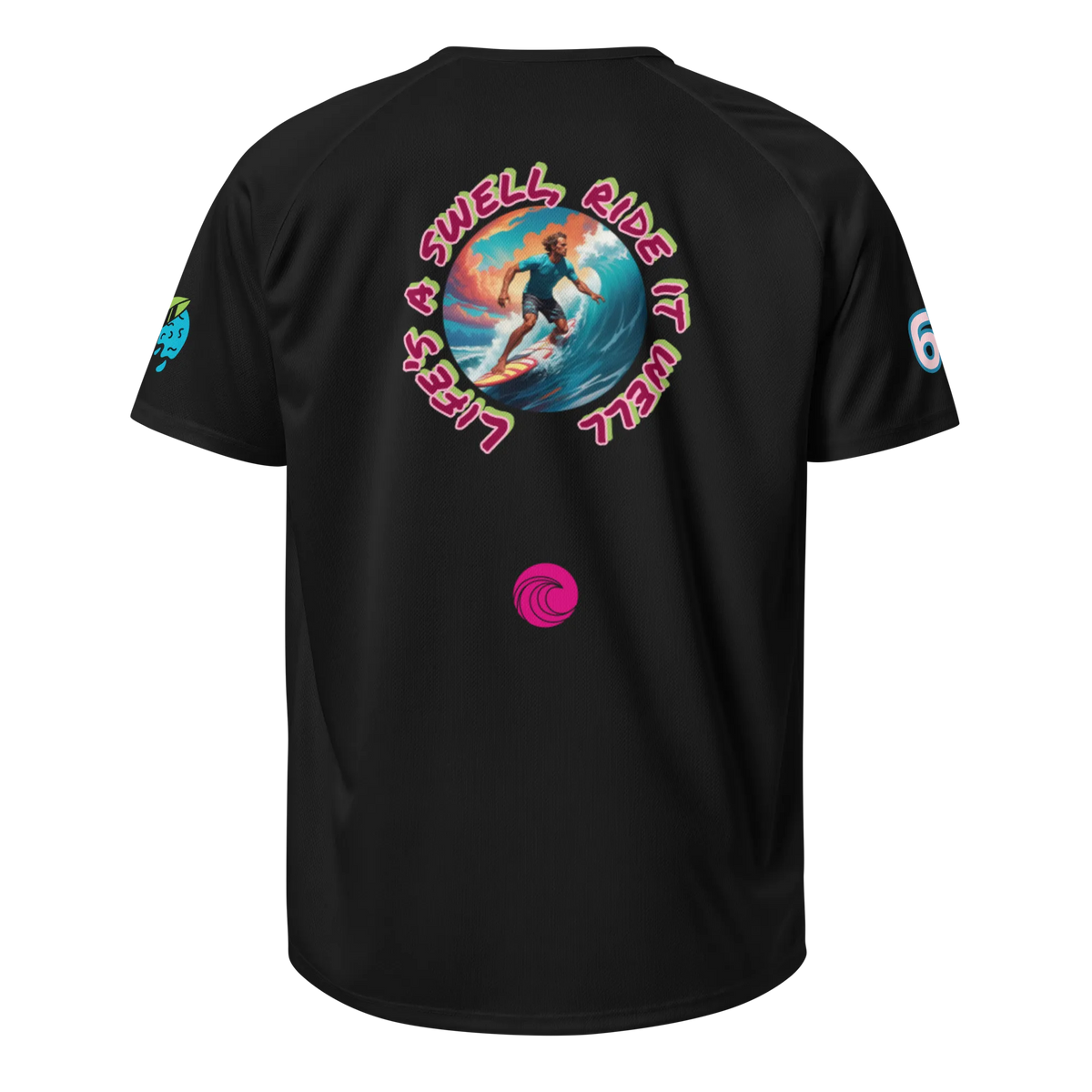 Black sports jersey back view with large circular surf graphic and small pink emblem