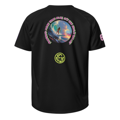 Black sports jersey, back graphic circle with surfer image and neon text, lime emblem