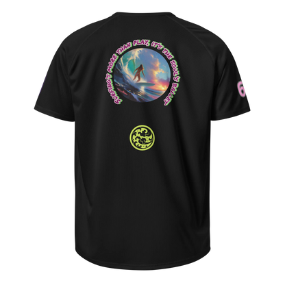 Black sports jersey, back graphic circle with surfer image and neon text, lime emblem