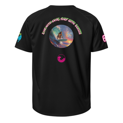Black sports jersey back with surf circle graphic and pink swirl chest emblem