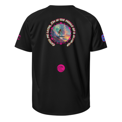 Black sports jersey, back graphic with circular surfer text and small swirl logo